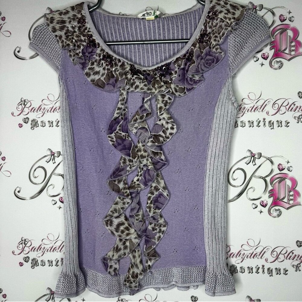 Arte shirt purple cheetah print beaded embroidery ruffle frills stretchy y2k